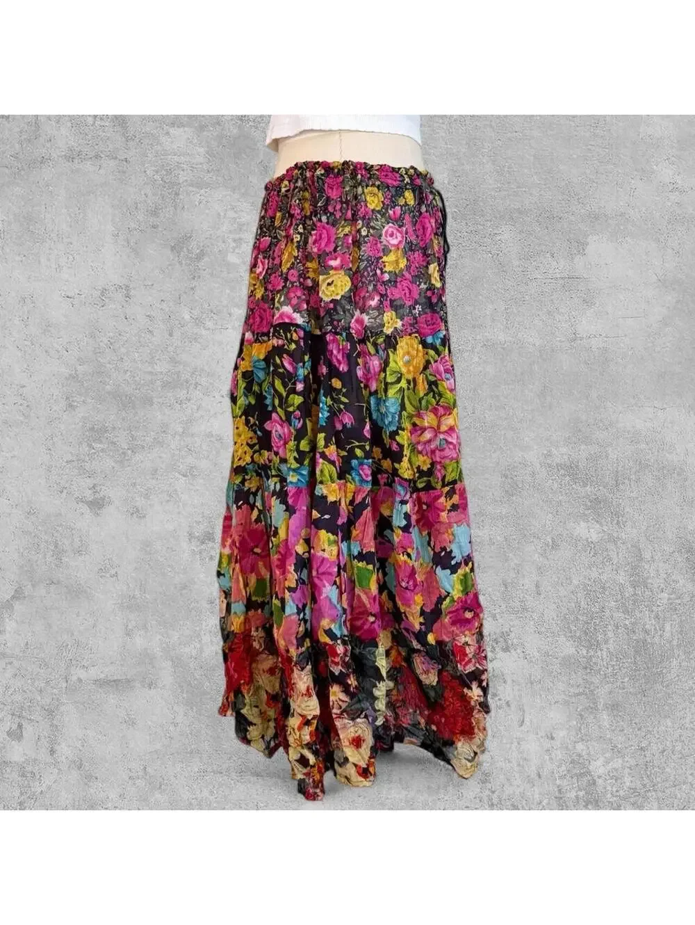Vtg Speed Limit Floral Tiered Maxi Skirt Size L Black Multi Boho Cottagecore